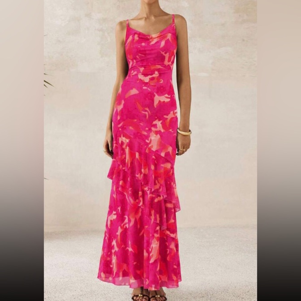 Sleeveless Pink Floral Ruffled Maxi Dress
